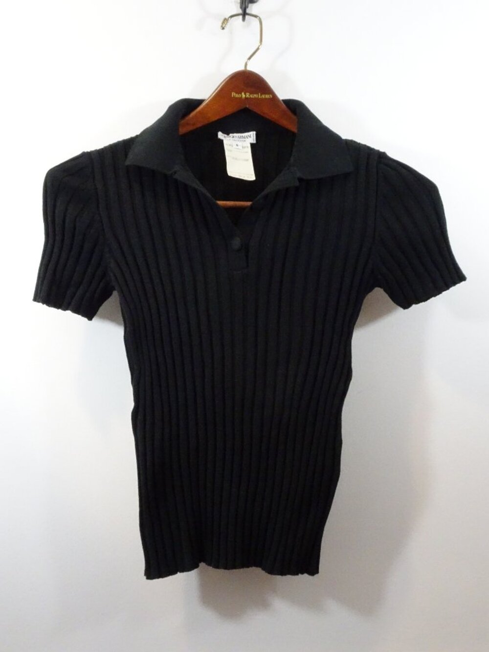 Giorgio Armani Black Knit Sweater Short Sleeve Collar Ribbed Tight-Fitting Y2K